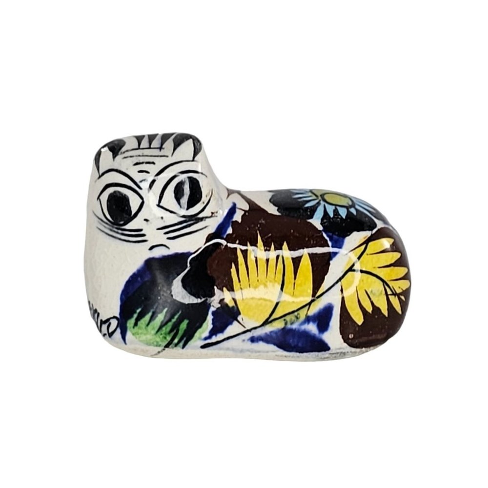Vintage Tonala Mexican Folk Art Pottery Miniature Cat Figurine